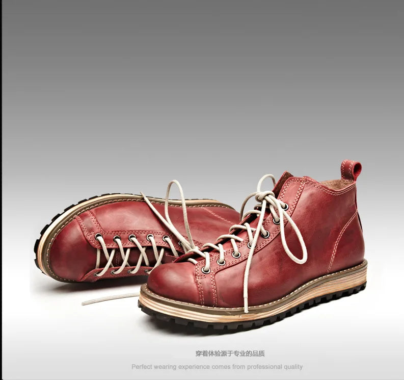KOWM Hiking shoes men's walking boots British thick soled cowhide high top motorcycle boots ankle sneakers  casual trekking shoe