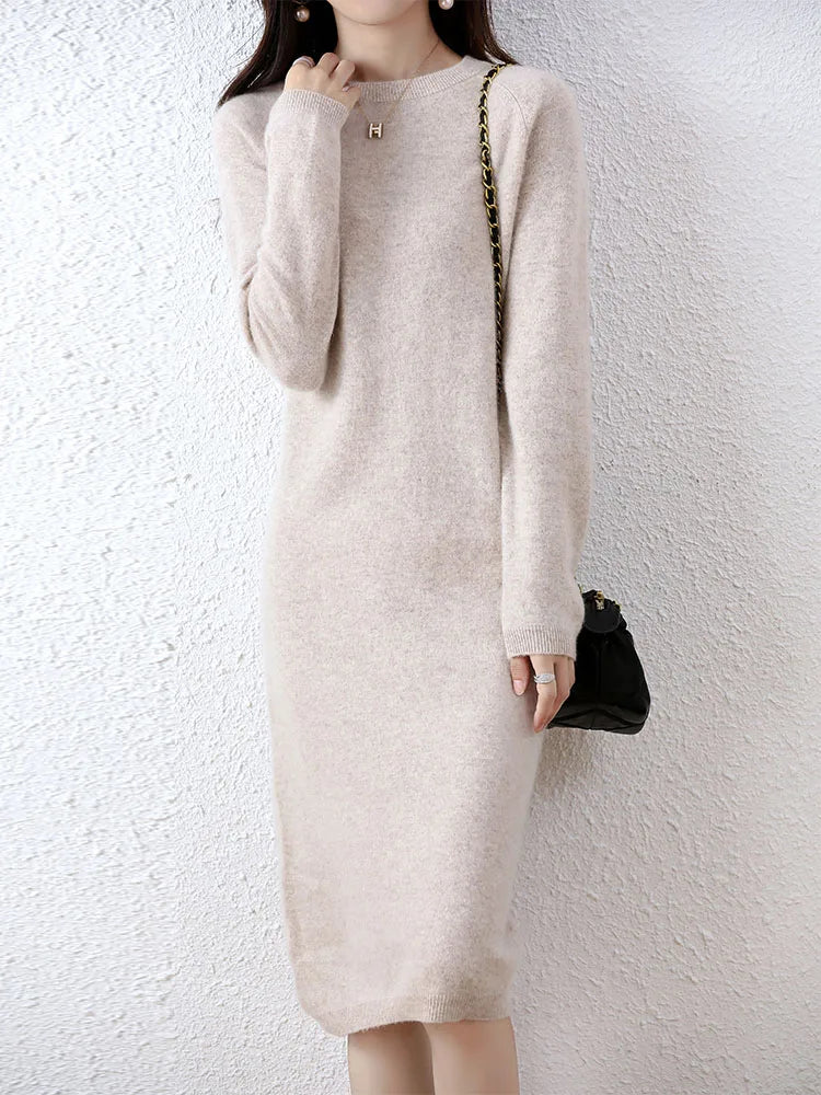 100% Merino Wool Long-Sleeve Midi Sweater Dress