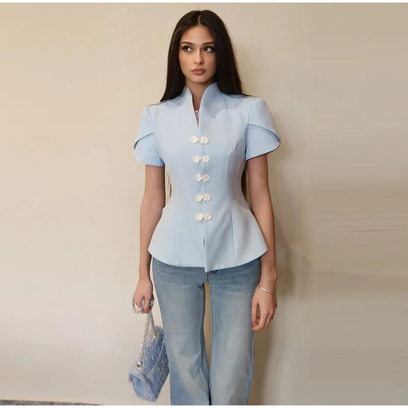2026 Spring Summer Short Puff Sleeve Frog Button Shirt For Women Stand Collar  Single Breasted Blouse Lady Chic Street Party Top