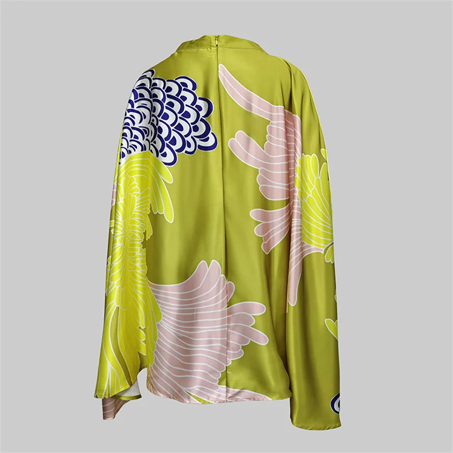 Yeezzi Floral Batwing Blouse & High-Waist A-Line Skirt