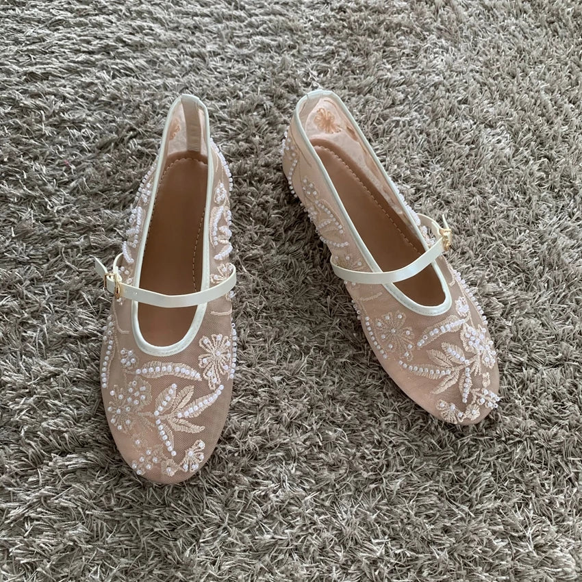 Embroidered Bead Ballet Flats | Breathable Mary Jane Sandal