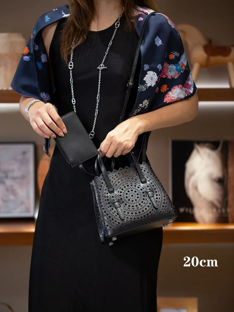 New Tote Bag French Cowhide Handmade Bag Niche Laser Engraved Hollow Leather Vegetable Basket Bag Casual Versatile Temperament