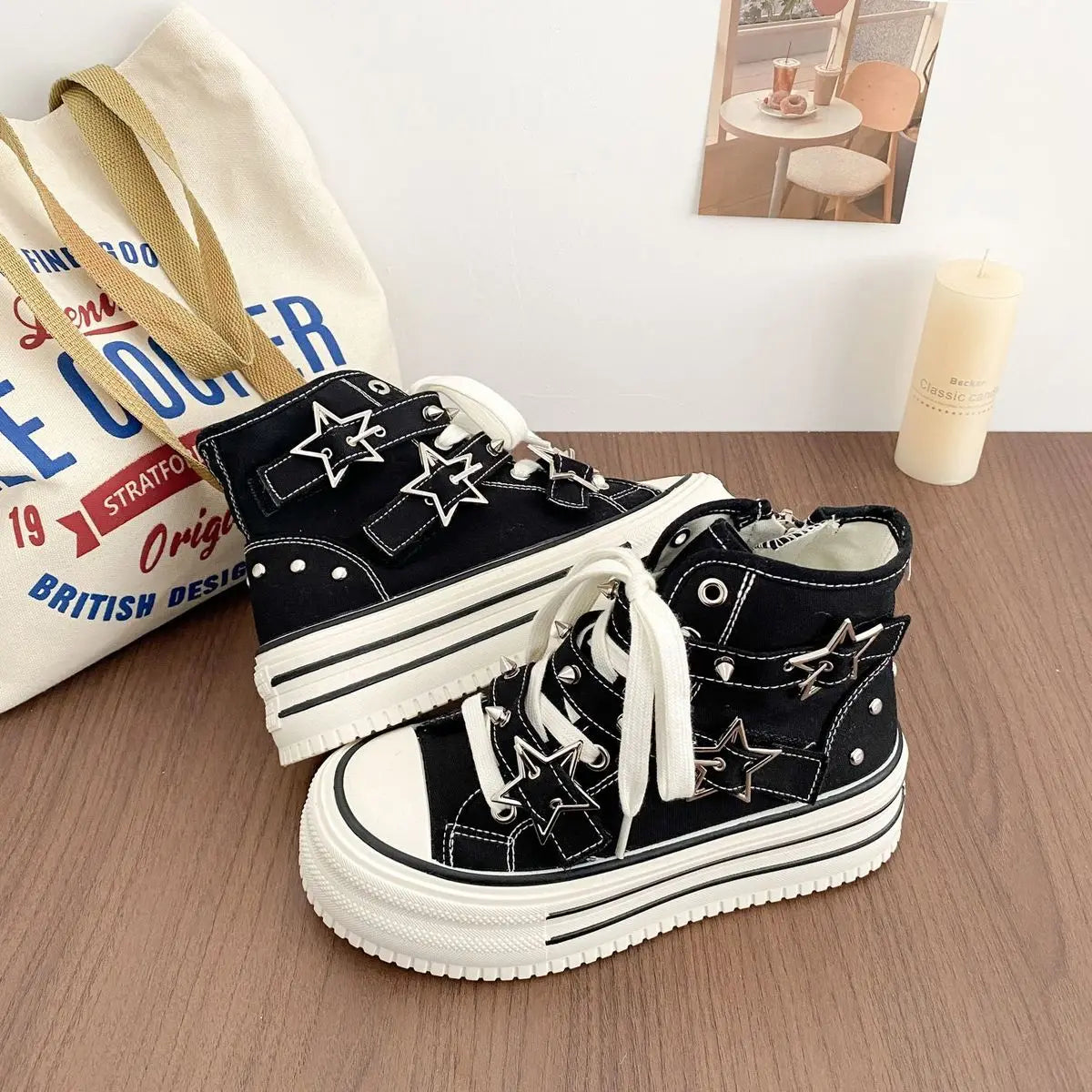 Women's High-Top Canvas Platform Sneakers — Rivet Buckle Lace-Up