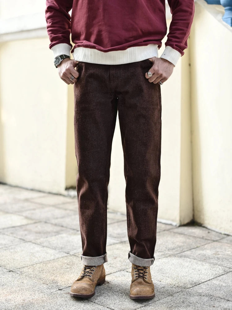 SauceZhan Brown Selvedge Denim Tapered Jeans – 13.8 oz