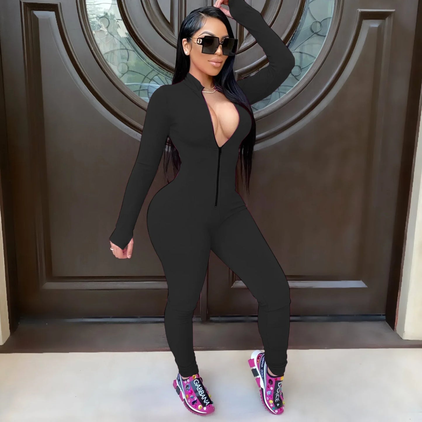 Sleek Deep-V Zip-Front Bodycon Romper – Athletic Fitness Jumpsuit