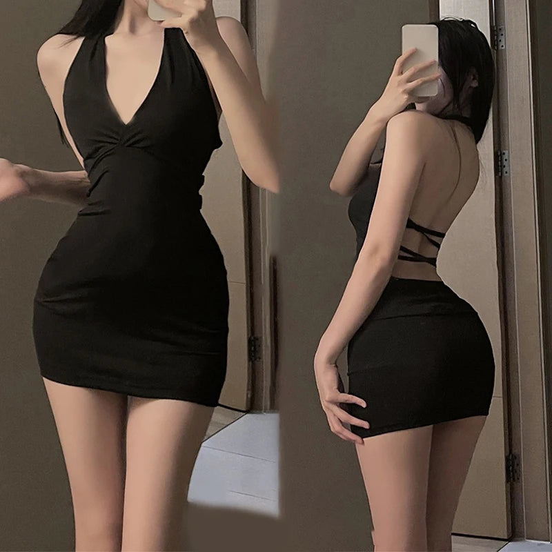 Chic V-Neck Open-Back Mini Dress | Sleek Bodycon Party Wear