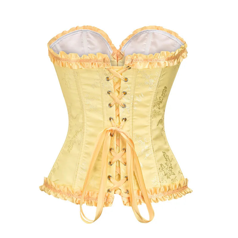 USA-Made Jacquard Ruffled Overbust Corset – Gothic Victorian Push-Up Bustier