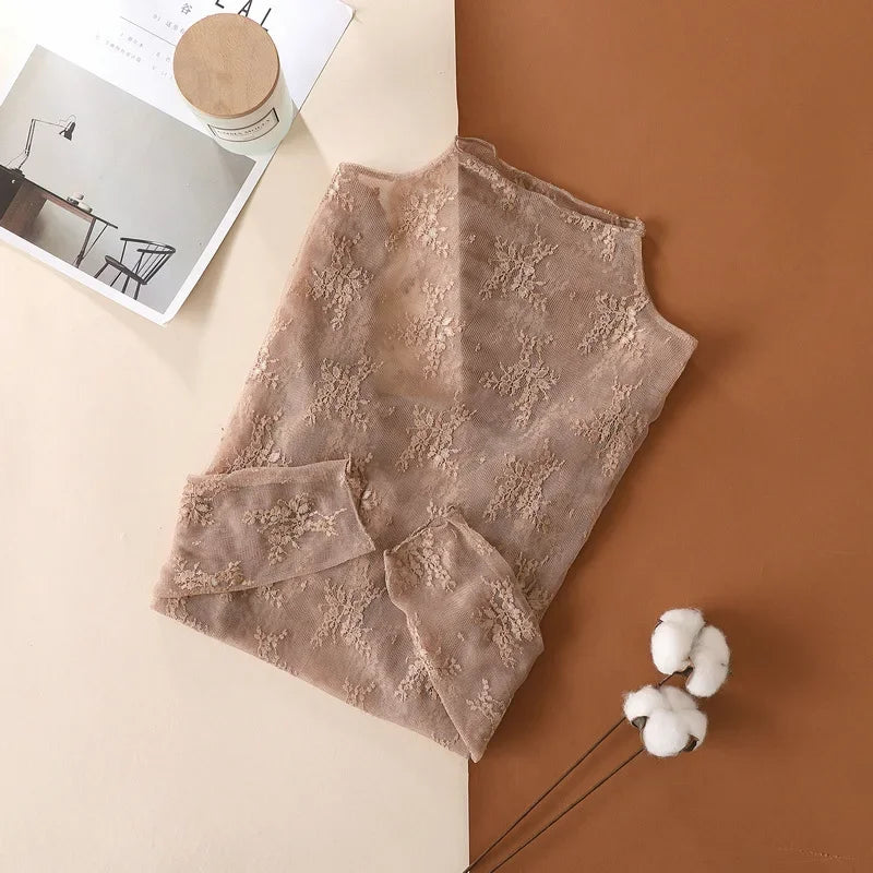 Women’s Floral Lace Mesh Mock Neck Long Sleeve Top