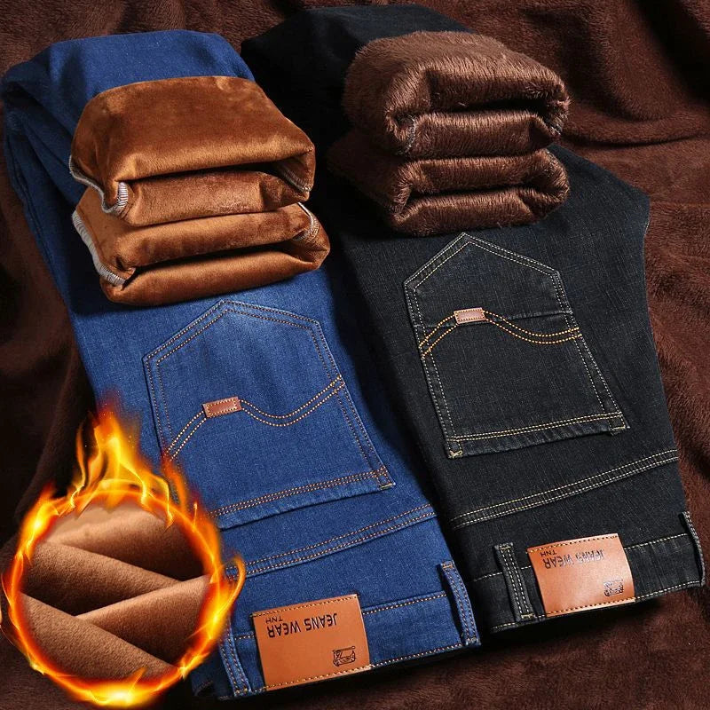 Men Winter Snow Warm Plush  Loose Minimalist Jeans Male Fleece Lined ThickenedStraight Denim Pants Slim Fit Elasticity Trousers