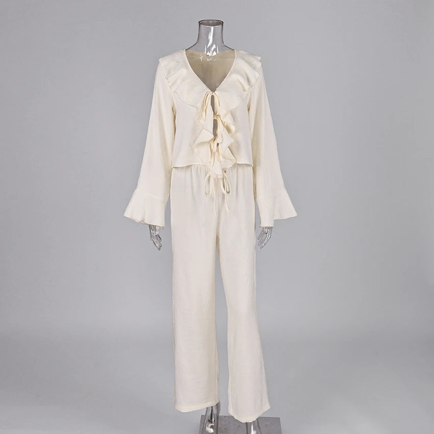 Linad Casual Loose Apricot Outfits Fashion Ruffles Flare Sleeve Blouse With High Waist Pant 2 Piece Sets Summer Long Pants Suits