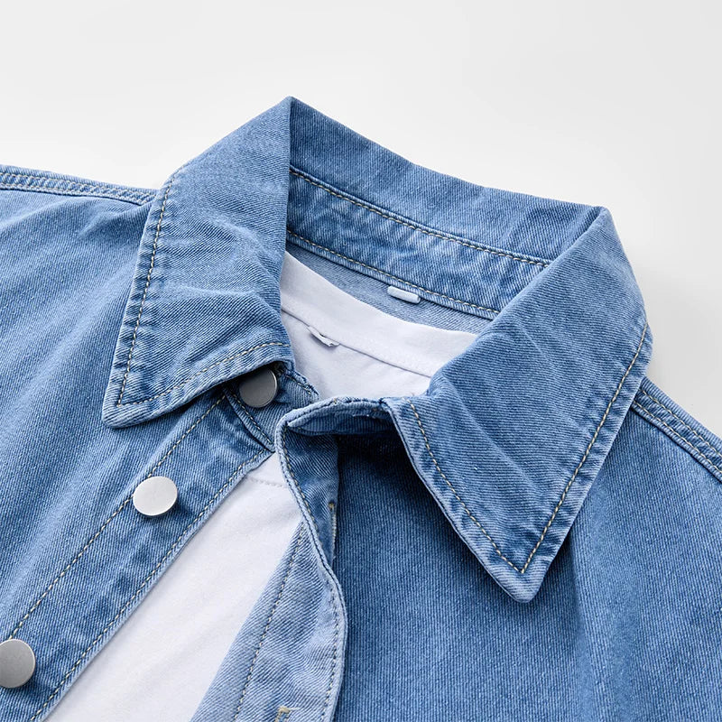 Heavy duty washed denim jacket for men vintage blue lapel long sleeved shirt style jacket casual and loose outer wear