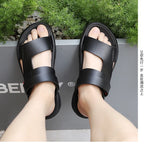 Mens Leather Slippers Comfortable Breathable Summer Big Size Sandals for Men with Soft Sole