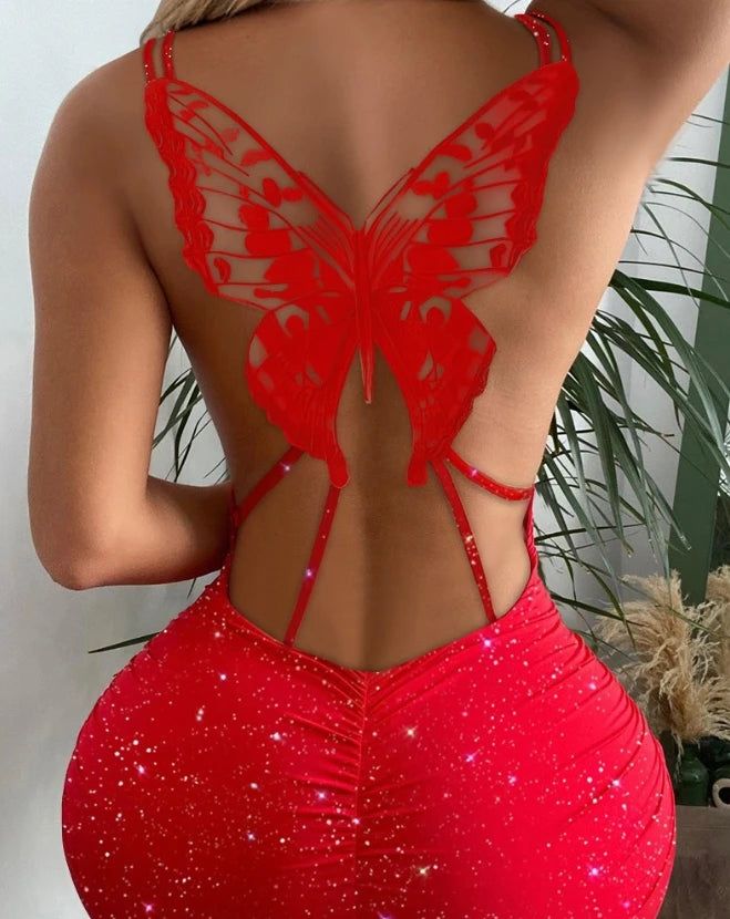 Glitter Butterfly Hollow-Out Bodycon Dress | Chic Night-Out Mini