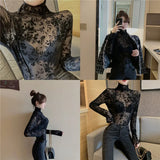 Women's Flocking Mesh Long Sleeve Top Floral Turtleneck