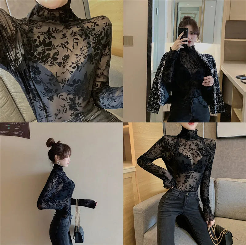 Women's Flocking Mesh Long Sleeve Top Floral Turtleneck
