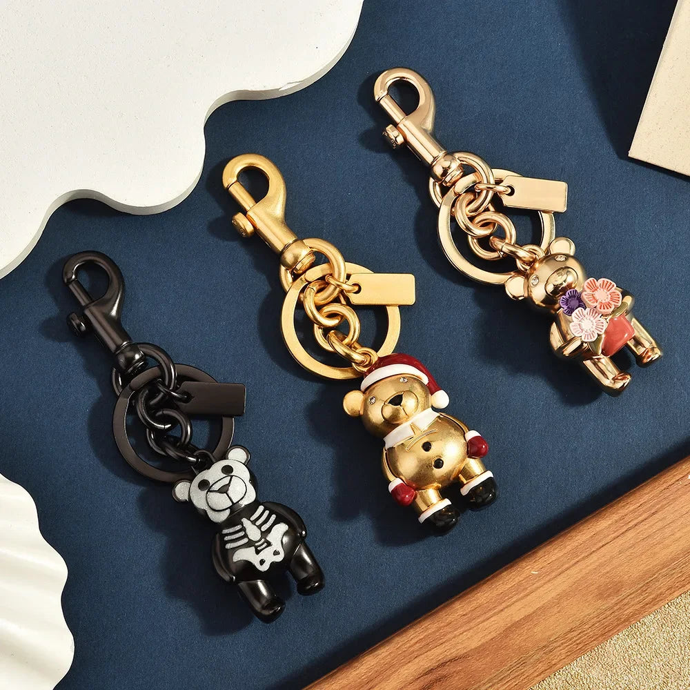 3D Metal Teddy Bear Keychain Heavy Duty Rose Gold Purse Charm Secure Trigger Clasp Accessory for Women Handbag Holiday Presents