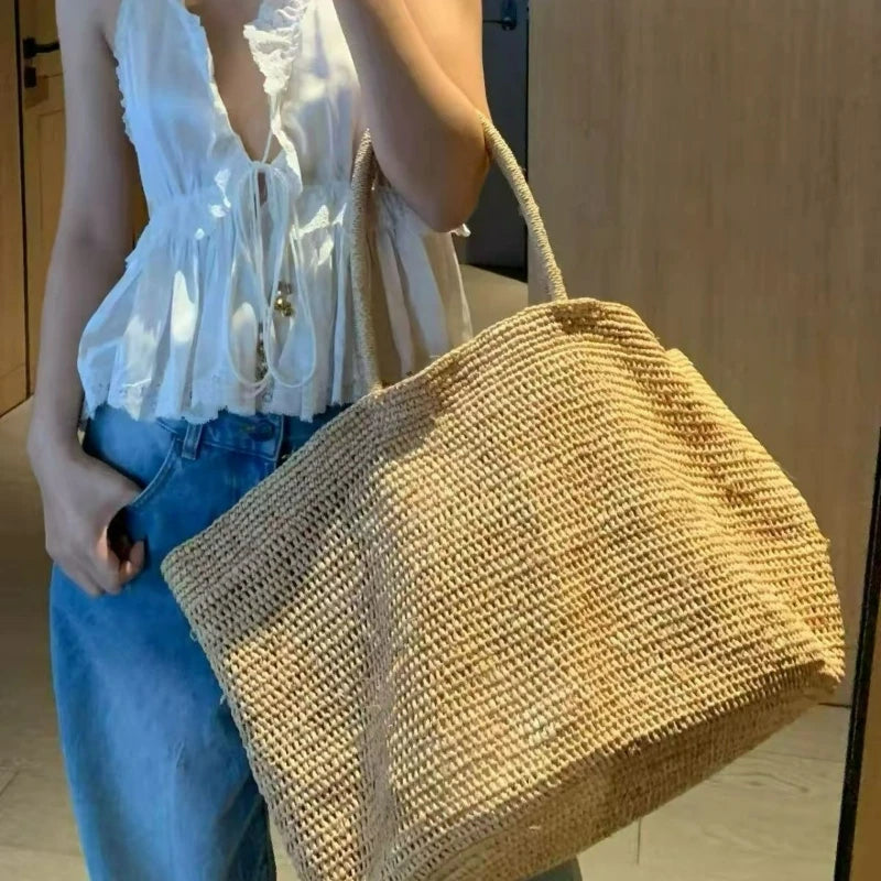 2026 Large Handwoven Rattan Tote Bag for Women Natural Straw Beach Bag Purse Luxury Shoulder Bags Handbag Summer