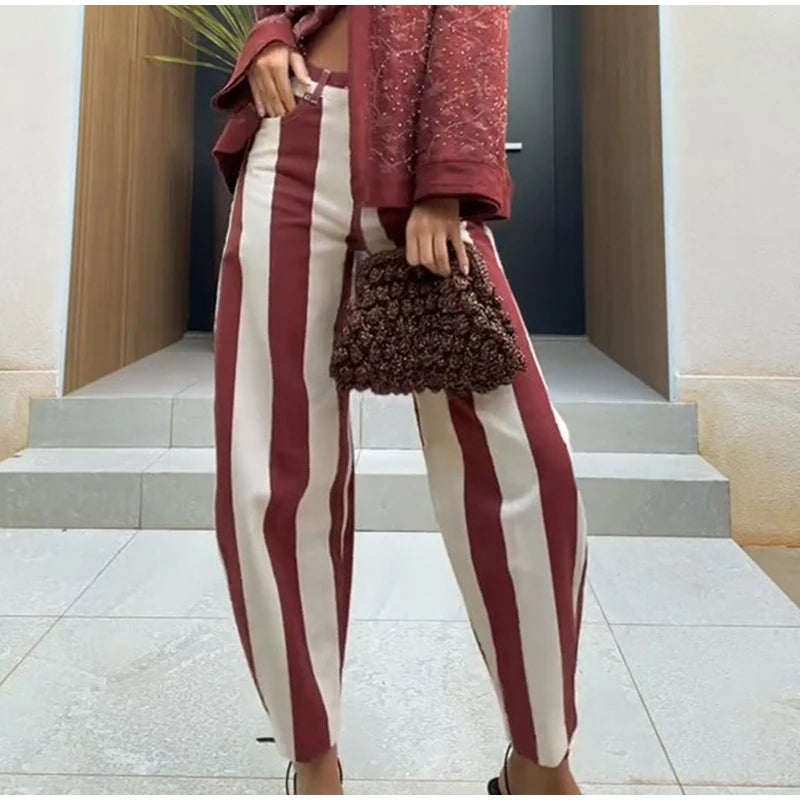 Street Striped Jeans Women's High-Waist Pockets Wide-Leg Trouser 2026 Spring Summer Retro Multicolor Vertical Stripe Denim Pant