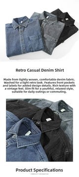 Retro American Washed Denim Jacket Loose Casual Long Sleeve Shirt for Men Autumn Fashion Urban Style Cotton Machine Washable