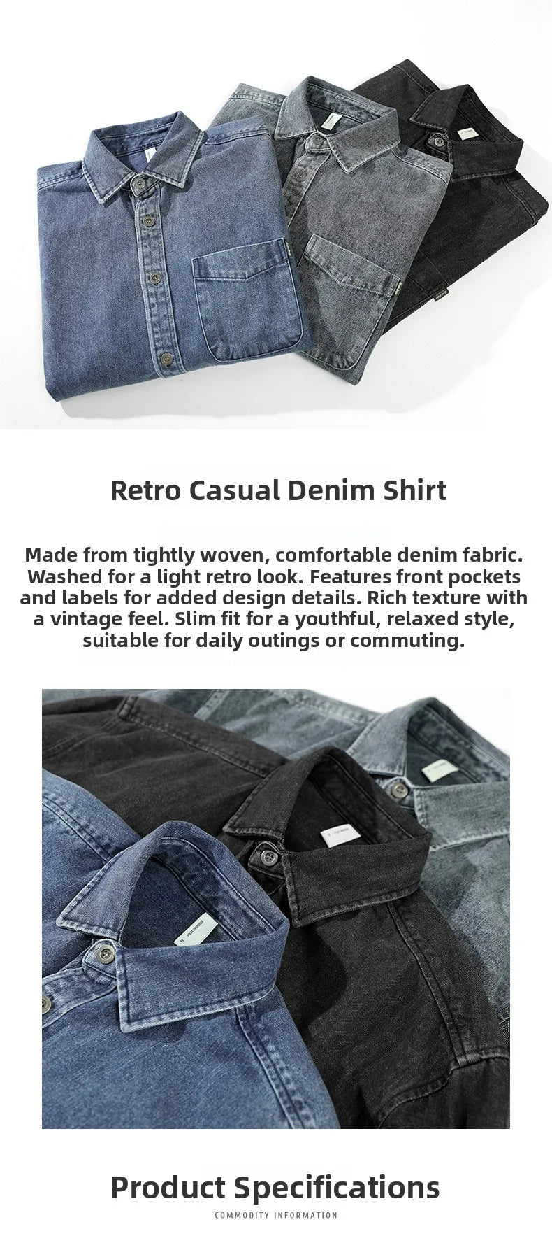 Retro American Washed Denim Jacket Loose Casual Long Sleeve Shirt for Men Autumn Fashion Urban Style Cotton Machine Washable