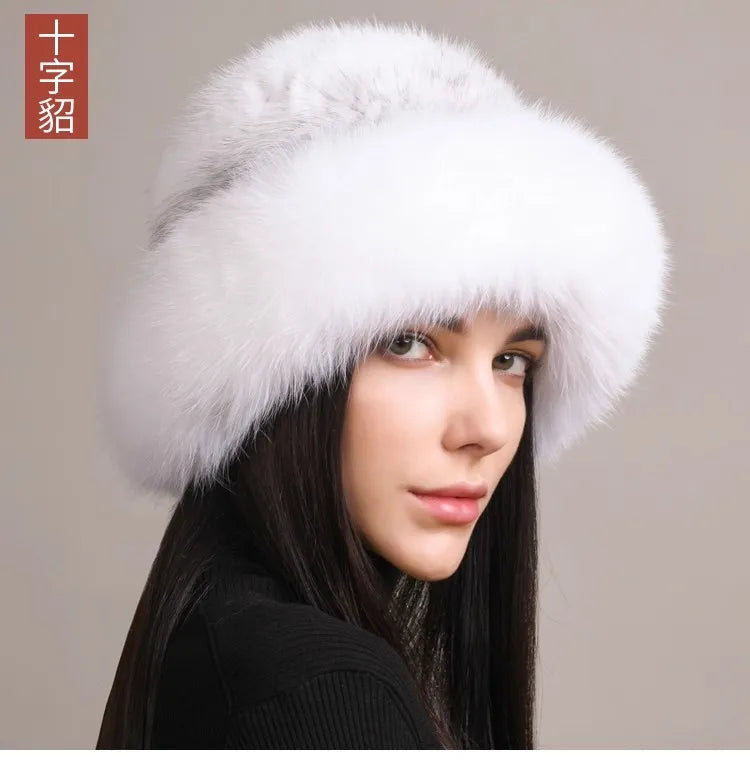 Genuine Knitted Mink Fur Hat with Fox Fur Brim