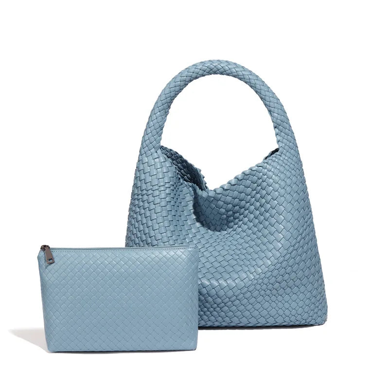 2025 Women Bag Luxury PU Leather Handbag Lady Fashion Handmade Knitting Tote Female Hand-woven Basket Shoulder Bag with Purse