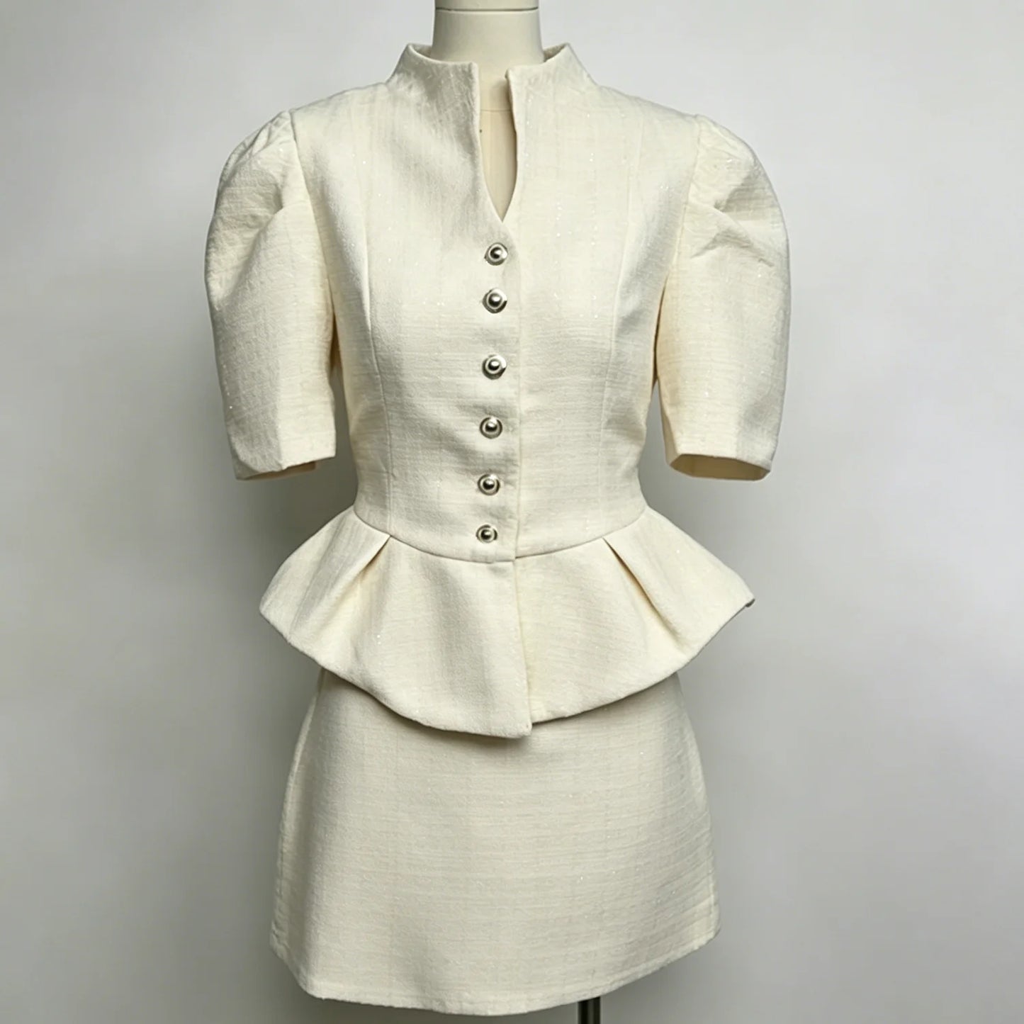 LIMO 2026 New Arrival Pink Tweed 2 Piece Outfit, Women's Elegant Peplum Top with Mini Skirt, Puff Sleeve Formal Suit