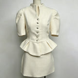 LIMO 2026 New Arrival Pink Tweed 2 Piece Outfit, Women's Elegant Peplum Top with Mini Skirt, Puff Sleeve Formal Suit