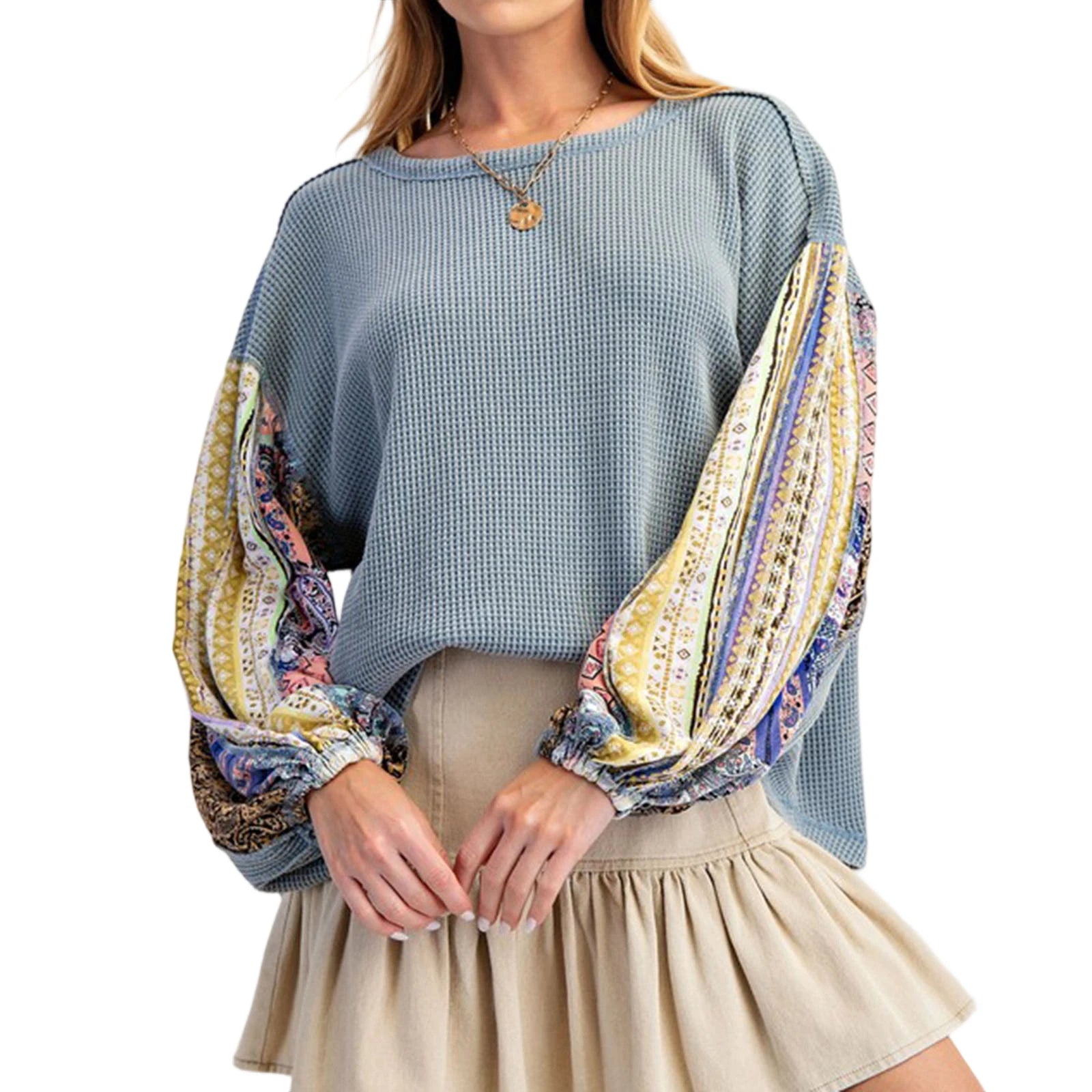 Printed Patchwork Crew Neck Hoodie