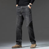 Men's Winter Fleece Thicken Lightweight Business Straight Leg Jeans Solid Color Versatile Slight Elastic Long Pants