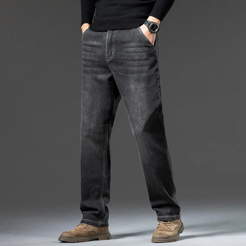 Men's Winter Fleece Thicken Lightweight Business Straight Leg Jeans Solid Color Versatile Slight Elastic Long Pants