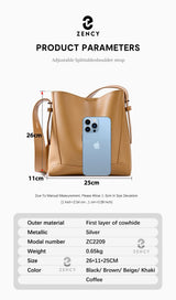 Zency New 2026 TrendyTwo Layer Cow Leather Shopper Shoulder Bag Commuter Large Bucket Handbag Simple High Quality Women Tote Bag