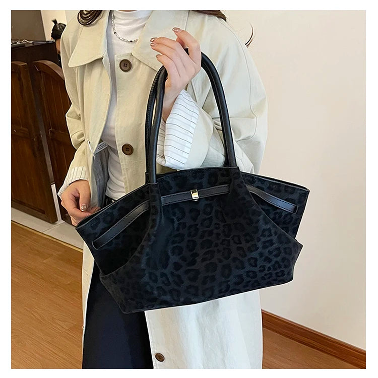 2025 Leopard Print Suede Women Tote Bag with Inner Pocket Underarm Bag Large Capacity Satchel Bag for Work Travel Purses Handbag