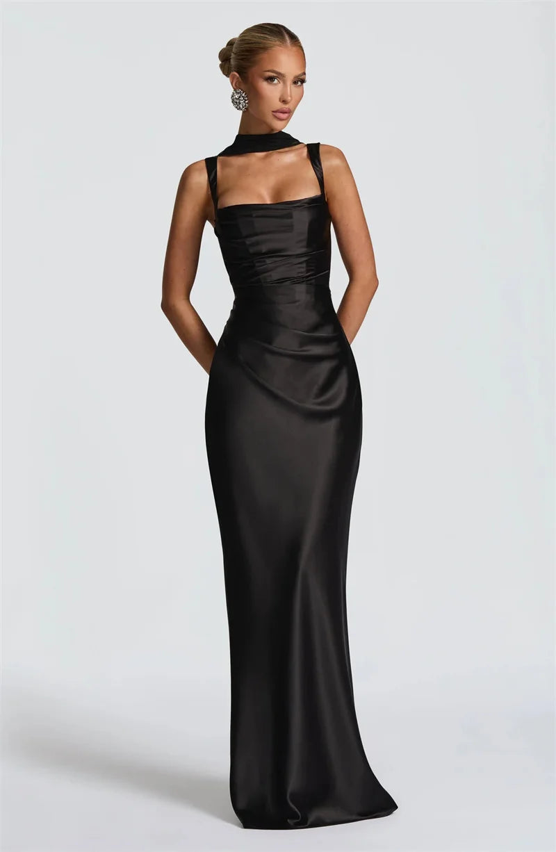 Elegant Backless Satin Maxi Dress – Sleeveless Halter Bodycon Party Gown