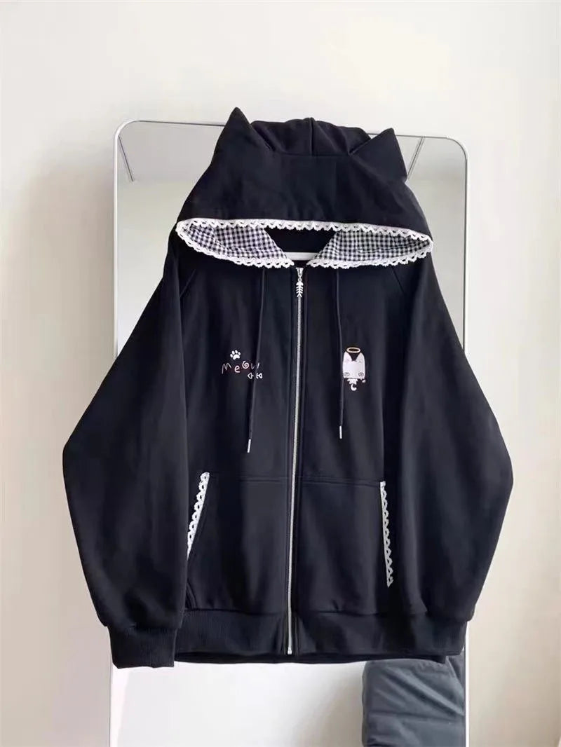 Women's Cute Cat Print Relaxed Zip-Up Hoodie