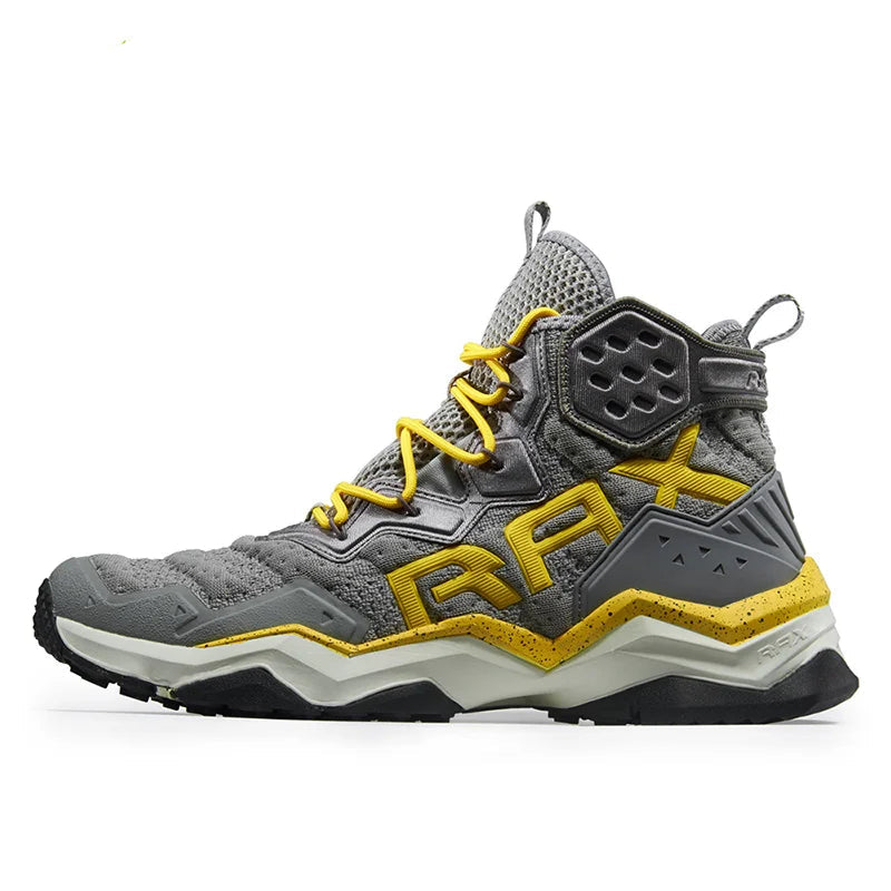 Gray and yellow hiking boot with RAX branding on a white background