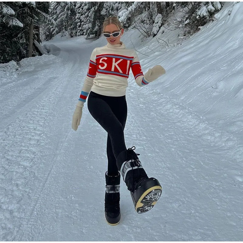 Women’s Retro Ski Print Turtleneck Sweater