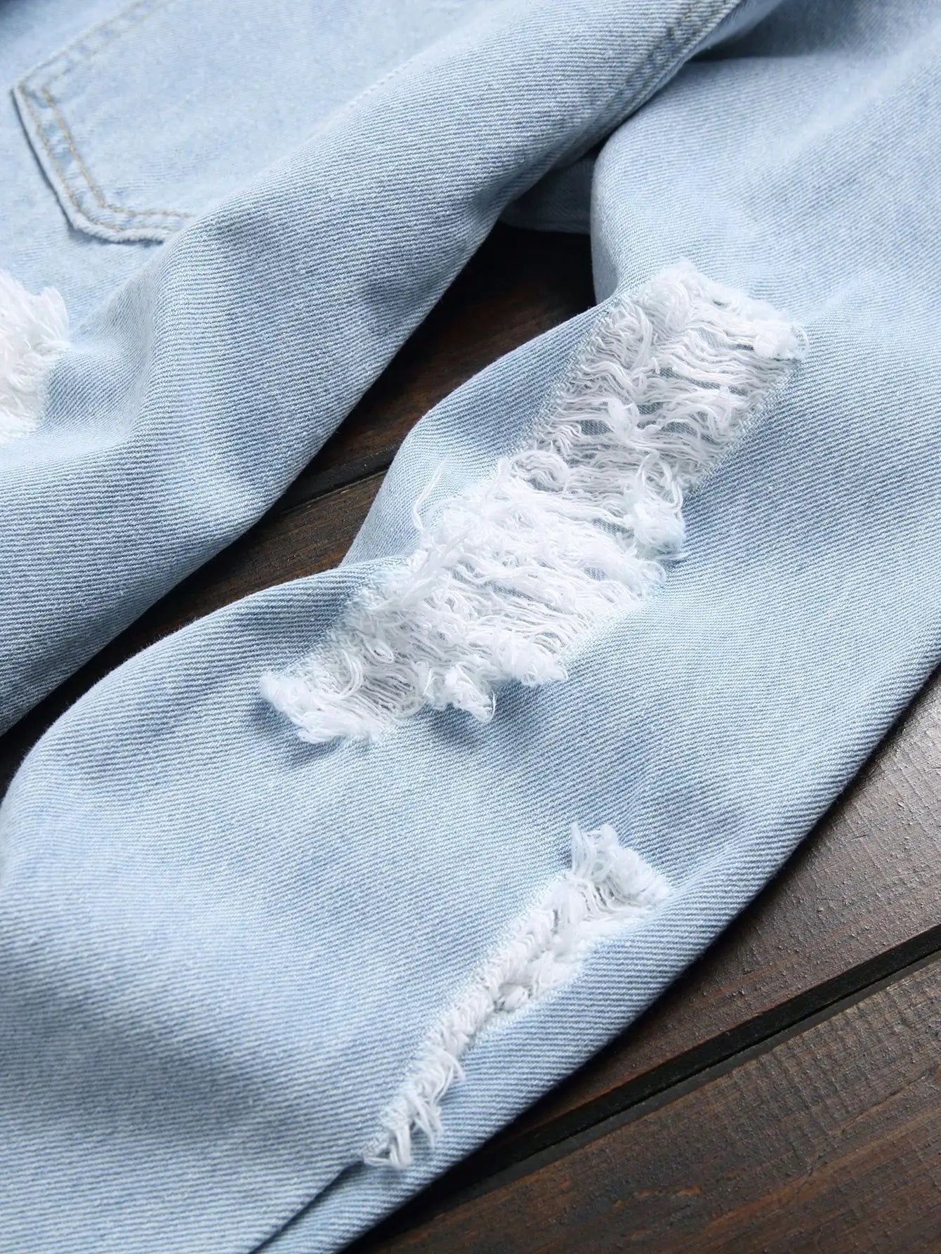 Men's Light Blue Ripped Distressed Washed Denim Long - Sleeve Shirt for Spring and Autumn