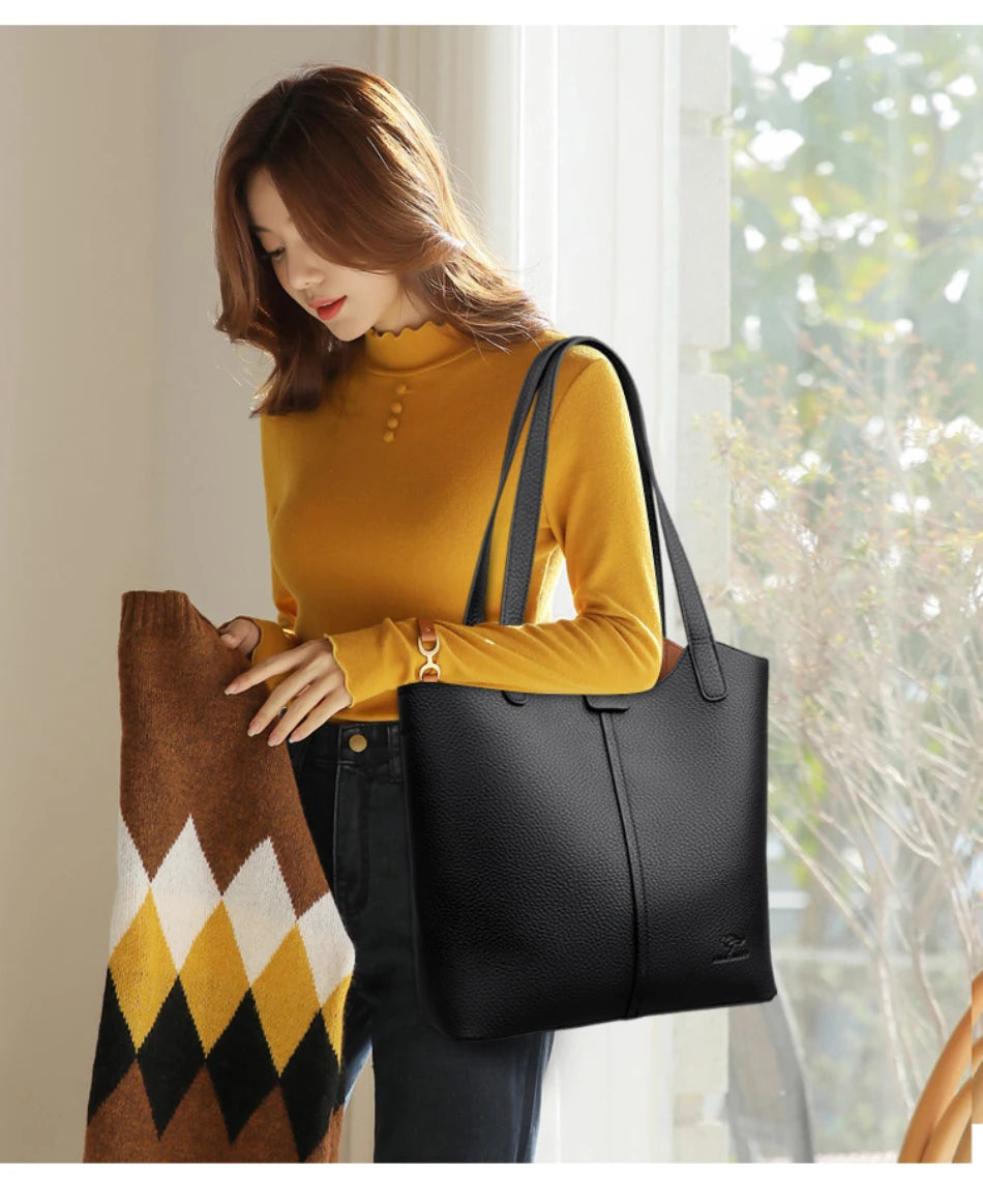 Genuine Brand Soft Leather Shoulder Bag For Women Casual Tote Bag Female Solid Color Purse Simple Design Handbag Commuting Sac