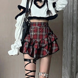 Red Plaid Gothic High-Waist Mini Skirt | Alt Fairycore Y2K