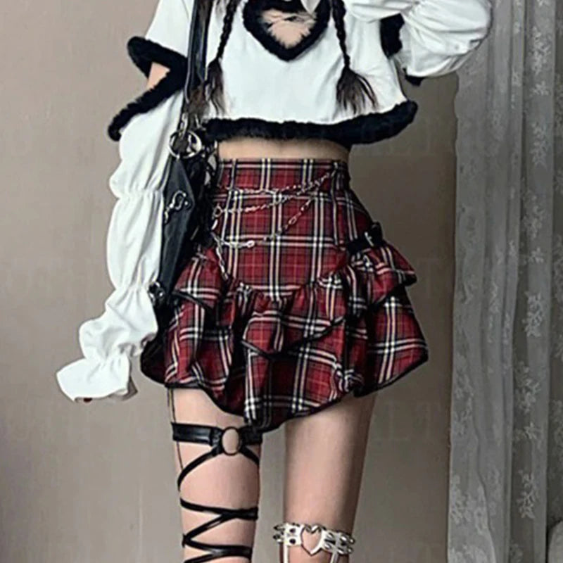 Red Plaid Gothic High-Waist Mini Skirt | Alt Fairycore Y2K