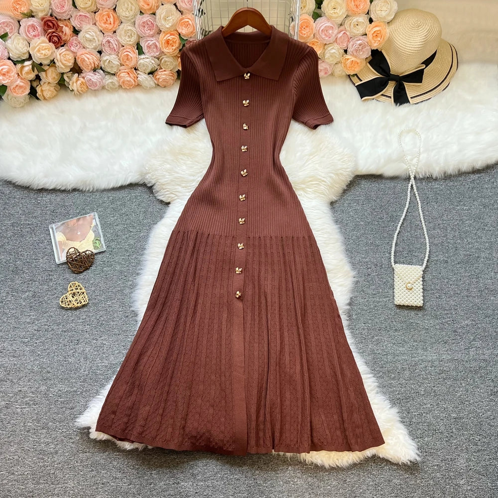 Elegant Collared Knit A-Line Midi Dress