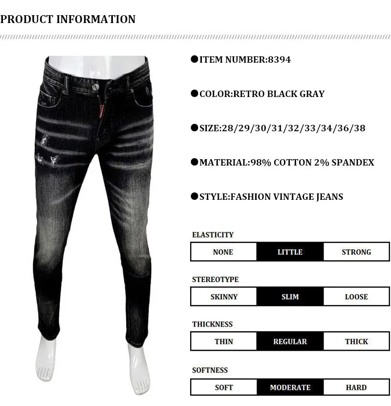 Men's Slim-Fit Distressed Black Grey Denim Jeans