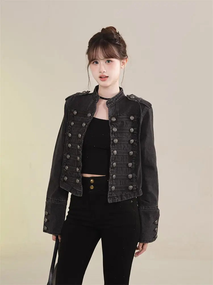Women's American Retro Denim Military Inspired Cropped Jacket Long Sleeve Stand Collar Casual Y2k Motorcycle Coat