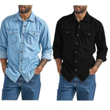 Men's Denim Shirt Slim Fit Light Blue Long Sleeve Casual Top with Two Chest Pockets Button Front Copper Buttons Washed Gray