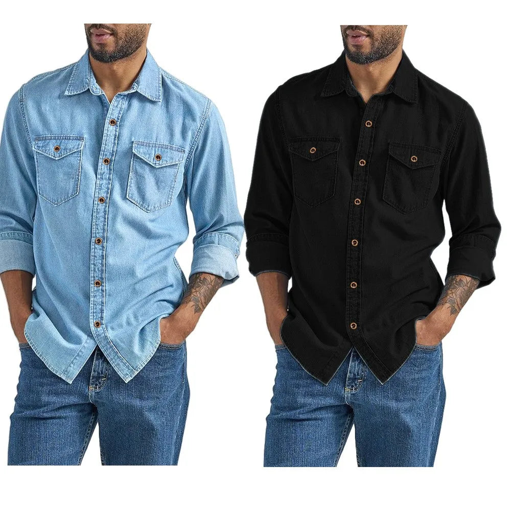 Men's Denim Shirt Slim Fit Light Blue Long Sleeve Casual Top with Two Chest Pockets Button Front Copper Buttons Washed Gray