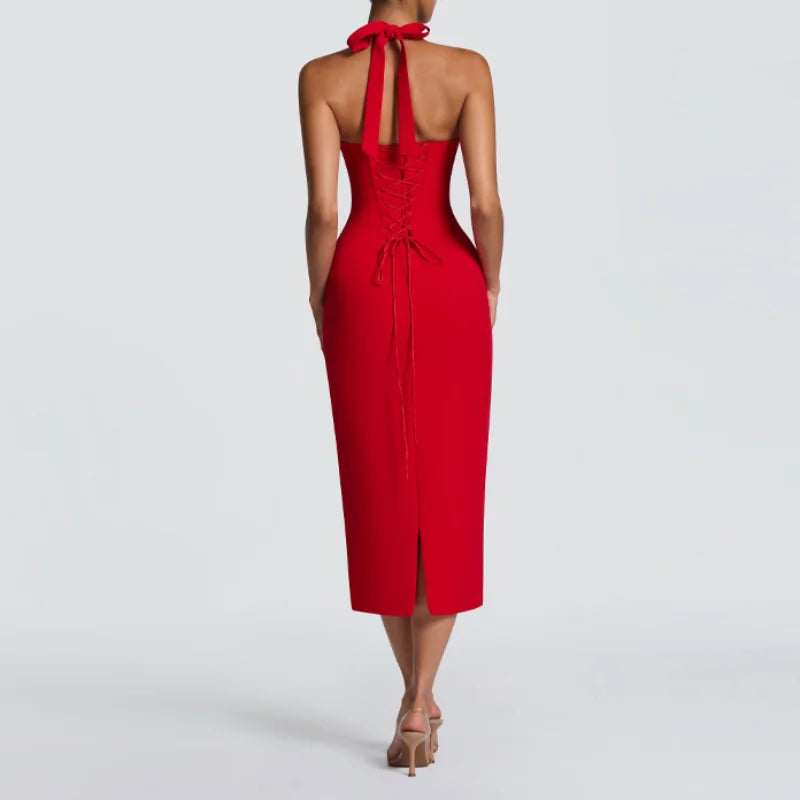 Elegant Bodycon Midi Dress – Halter Neck Evening Gown