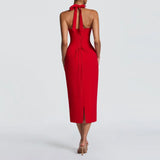 Elegant Bodycon Midi Dress – Halter Neck Evening Gown