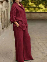 Fashion Cotton Linen Shirt Long Sleeved Women's Set Spring Autumn Loose Cotton  Linen Wide Leg Trousers Female Office 2piece Set