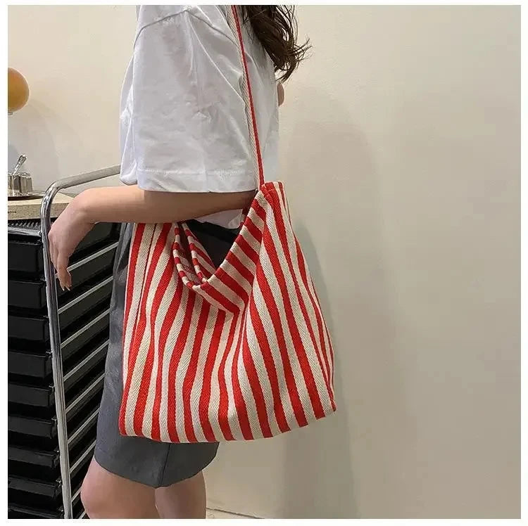 Female Casual Multifunctional Travel Top-handle Handbag Large Capacity Canvas Women Shopper Tote Simple Striped Shoulder Bag2025